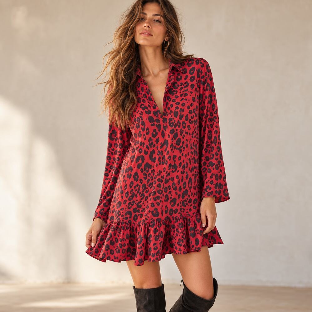 Ruti Leopard Dress Womens XS/S Red Black Ruffle Hem Long Sleeve Mini Tunic